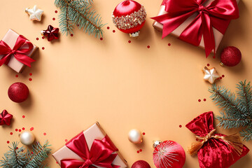 Festive holiday arrangement with gift boxes, Christmas baubles, pine branches, and decorative stars on a beige background. Perfect for Christmas, holiday celebrations, and seasonal decorations