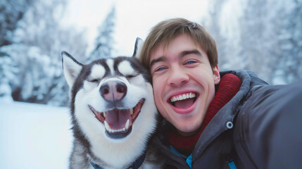 Joyful happy young man taking a winter selfie with cheerful husky in the outdoors, friendship and love pet and owner, adorable canine companion, as they enjoy a relaxing holiday in nature together