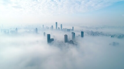 An aerial view of a city skyline emerging from dense fog, showcasing buildings and a mystical atmosphere under a cloudy sky.