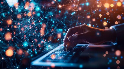 Hand typing on a laptop keyboard with glowing network connections