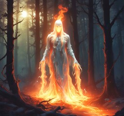 Illustration of creepy creature in woods with flame of fire.