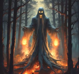 Illustration of creepy creature in woods with flame of fire.