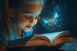 © Dmitriy - Little girl reading a book with magic glowing butterfly flying above.