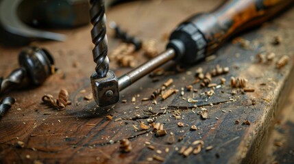 Drilling hole in wood plank, sawdust scattered, showcasing craftsmanship in carpentry. Sharp metal bit contrasts with brown texture, highlighting industrial equipment in diy project