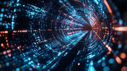 Futuristic data tunnel with dynamic lights and digital code