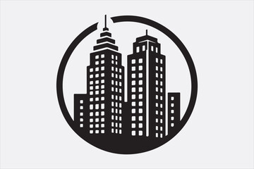 A black silhouette  vector of two city buildings.