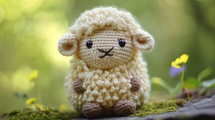 This charming crocheted sheep features an incredibly fluffy wool texture, embodying warmth and comfort, nestled in a serene natural setting with flowers.