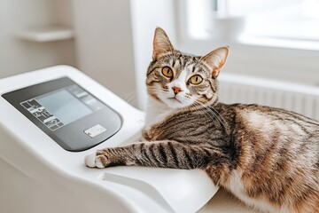 On a modern vet clinic table, a cat is lying on an ultrasound table during an examination