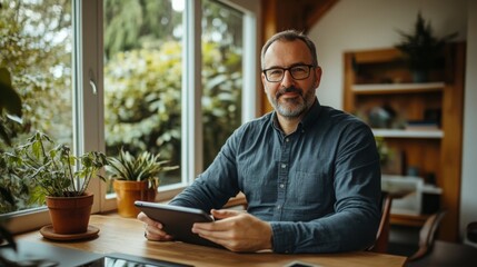 Aufkleber - A man with glasses is seated at a wooden desk, holding a tablet while surrounded by plants. Sunlight streams through large windows, creating a warm and inviting atmosphere.