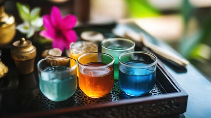 Poster - A beautifully presented tray with Thai herbal drinks like lemongrass,