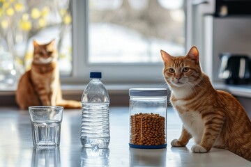 Pet food in a dispenser with a cat picture on the background