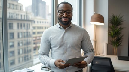 Poster - A man in a button-up shirt stands near a large window in a contemporary office, smiling as he holds a tablet. The urban skyline can be seen in the background, showcasing a bustling city.