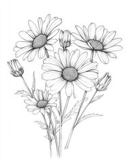 A detailed black and white line drawing of a group of daisies with simple, symmetrical petals and delicate stems, isolated on white background