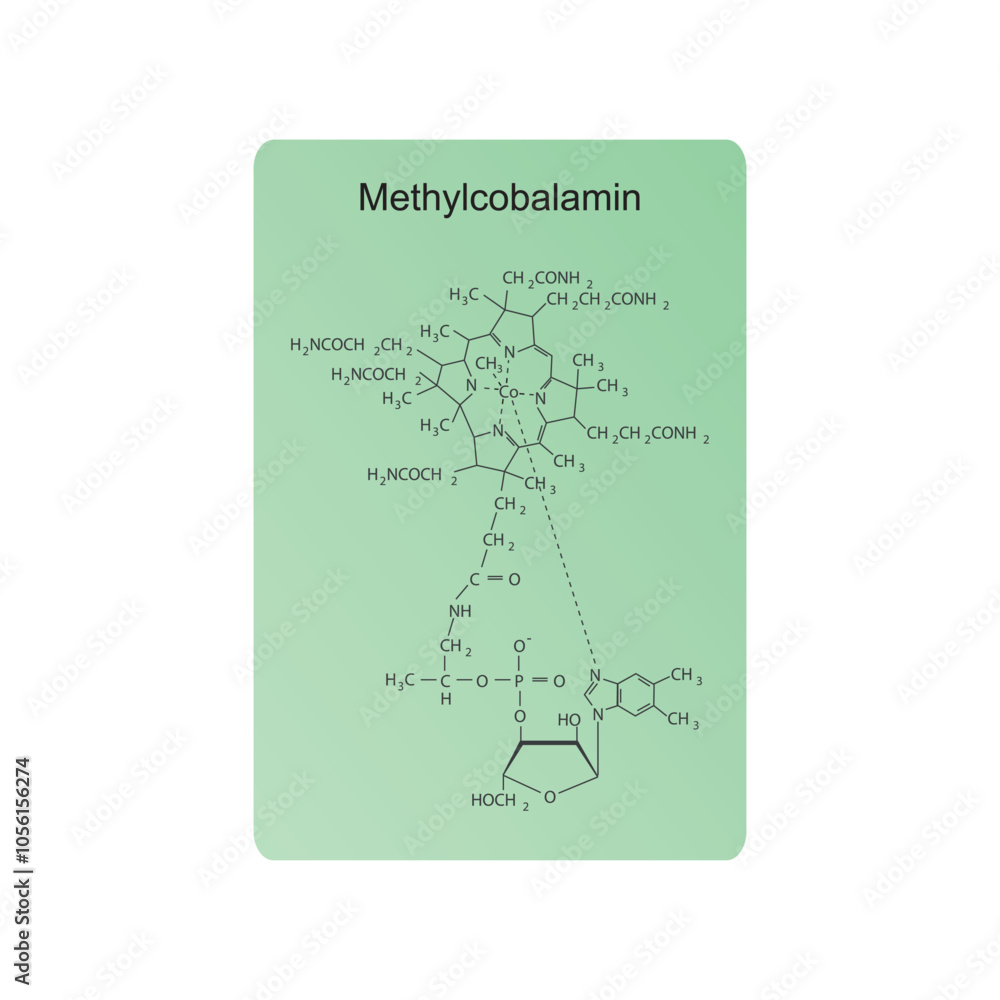 Methylcobalamin skeletal structure diagram.Vitamin B12 compound molecule scientific illustration.