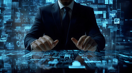 Businessman working on a digital interface with a futuristic design.