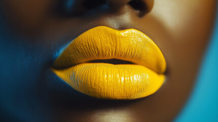 close up of a woman lips with yellow lipstick , lips with makeup	
