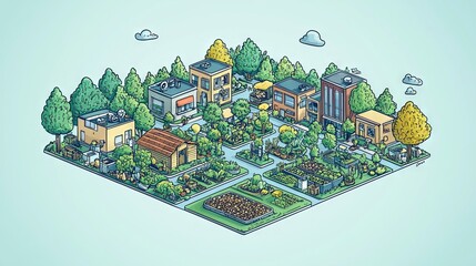 A detailed illustration of a community garden that uses composted food waste, symbolizing a circular economy