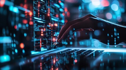 Hand coding on laptop with digital data flow in a futuristic setting