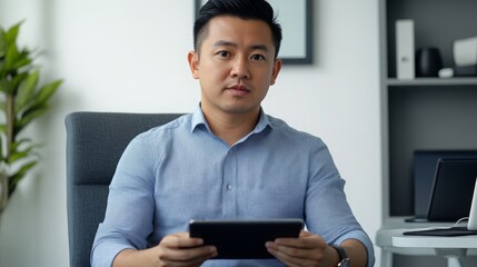 Leinwandbilder - A young man sits confidently in a contemporary office, focused on his tablet. Behind him are shelves with decor and a plant, creating a productive atmosphere.