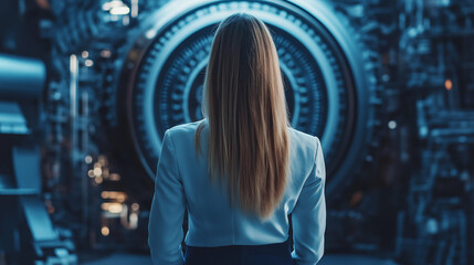 Woman in production facility observing machinery detail from behind