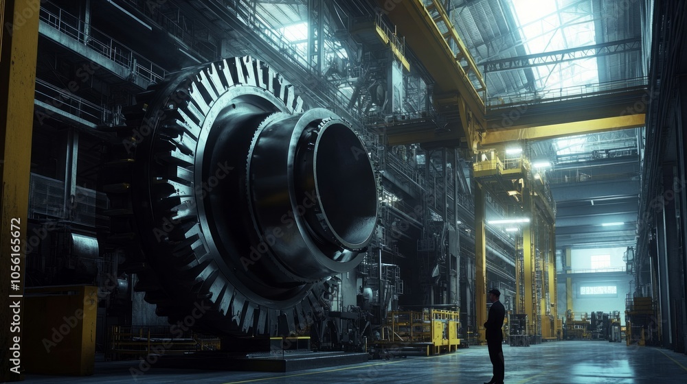 big heavy machines are being built inside a manufacturing plant. Stock ...