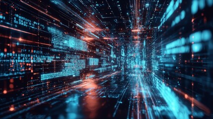 Futuristic digital data tunnel with glowing blue and red lights