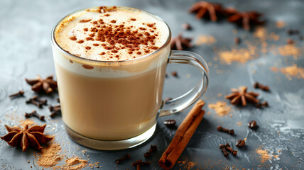 delicious cappuccino with cinnamon in a transparent glass mug on a gray background