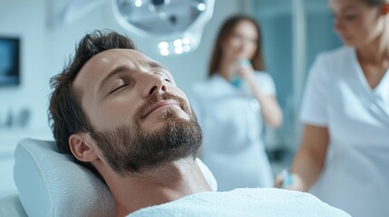 A man enjoys a soothing spa treatment, lying back with eyes closed, surrounded by modern spa equipment, invoking a sense of relaxation and rejuvenation.