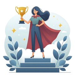 Flat, isolated illustration of a woman proudly holding a trophy while standing on stairs. The design features clean lines and a confident pose, symbolizing success and achievement.