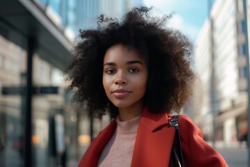 Portrait of a beautiful black woman with afro hairstyle wearing a red coat, confidently posing on a busy city street during the day