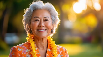 An elegant elderly woman wearing an orange floral outfit and a vibrant yellow lei, standing outdoors with a captivating smile as the sun sets behind her.