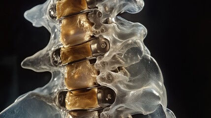 Aufkleber - A close-up depiction of a spine model emphasizes the vertebrae and metal supports used in orthopedic applications.