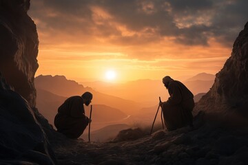 Two figures, Cain and Abel, kneel in reverence at sunset, each presenting their offerings to the Lord amidst a rugged landscape, highlighting a pivotal moment in biblical history