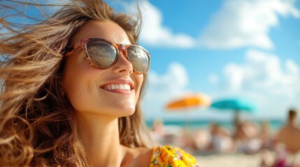 A smiling woman wearing sunglasses enjoys a sunny day at the beach, with her hair blown by the wind. The scene is vibrant and filled with relaxed summer vibes.