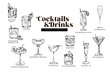 © CreaFlowDesign - Set of 12 hand drawn black and white summer cocktail illustrations, Minimal line art signature drink illustrations for wedding drink menus, invitations, stationery and web design