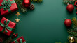 © Mahemud - Christmas Eve concept. Top view photo of gift boxes with ribbon bows, green red baubles, gold star ornaments, and pine branches on isolated green background with copy space in the middle.