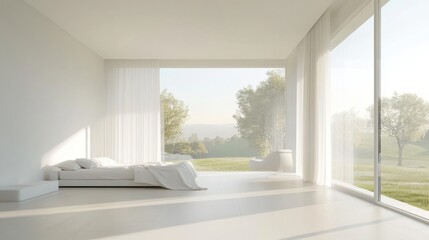 Minimalist white bedroom, open space with a view of the countryside,