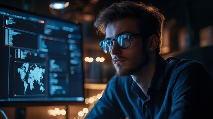 Focused programmer working on code with a screen displaying global data