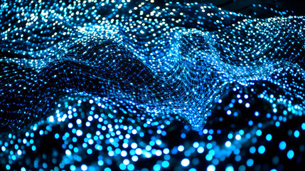 Wall Mural - luminous dots forming wave-like shapes in bright blue shades, creating a digital abstract background