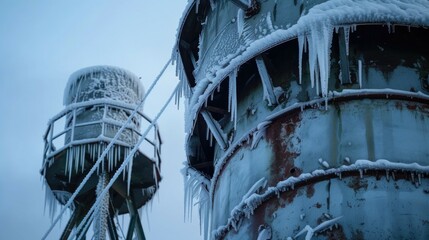 Frozen industrial structures with icicles in a winter landscape