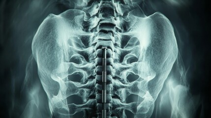 Aufkleber - The X-ray reveals the spine and pelvis of a human body, showcasing the vertebral column's alignment and bone structure within a clinical context. This illustrates important anatomical features.