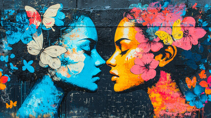 Poster - A vibrant mural depicts two women’s profiles adorned with butterflies and flowers in an urban environment