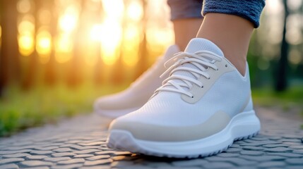 White sneakers on a paved path during a serene sunset walk in the park, AI