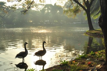 2 geese in Taman Langsat looking for food at the lake in the morning