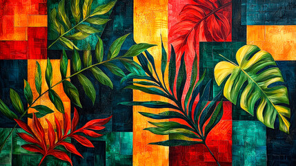 Poster - This artwork features a variety of tropical leaves prominently arranged against a colorful abstract background, highlighting nature\'s beauty