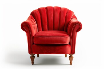 Wall Mural - Art deco style armchair in red velvet with wooden legs on white background front view with grey shadow