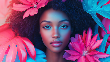 A beautiful black woman, close up of her face framed by vivid pink and blue tropical flowers. A pink, blue, purple vaporwave aesthetic portrait of a model. An exotic seductive mood.