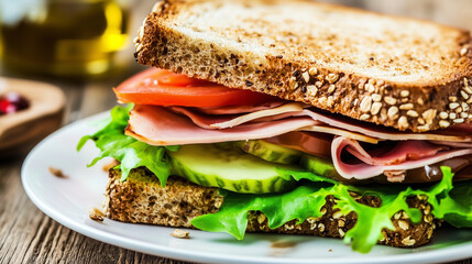 Wall Mural - A mouthwatering close-up of a freshly made sandwich on a white ceramic plate. The sandwich consists of two slices of toasted whole grain bread with visible seeds and nuts.