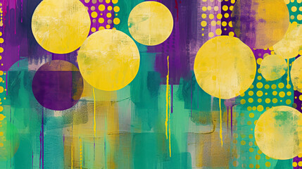 Fototapete - Colorful abstract artwork featuring large yellow circles on a vibrant green and purple background during a sunny day