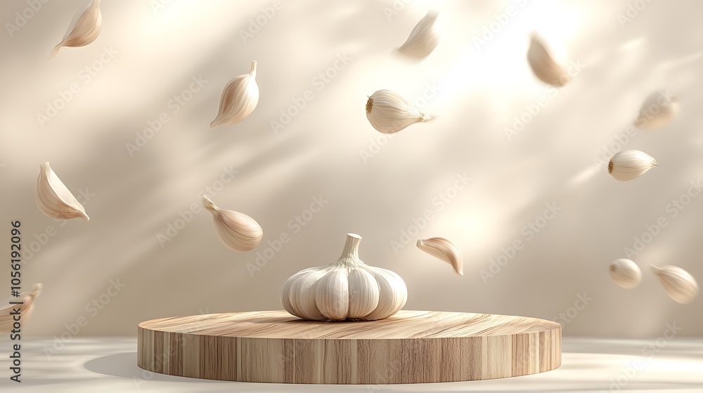 A light-blue platform holds a garlic bulb with many loose garlic cloves ...